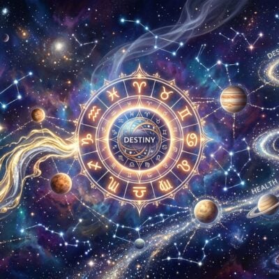 Rueda del zodiaco en el espacio rodeada de planetas, constelaciones y senderos con palabras como Destiny, Love y Health