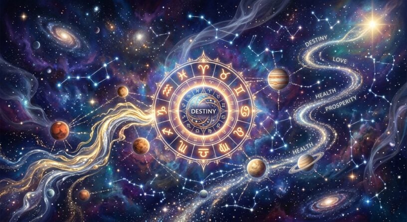 Rueda del zodiaco en el espacio rodeada de planetas, constelaciones y senderos con palabras como Destiny, Love y Health