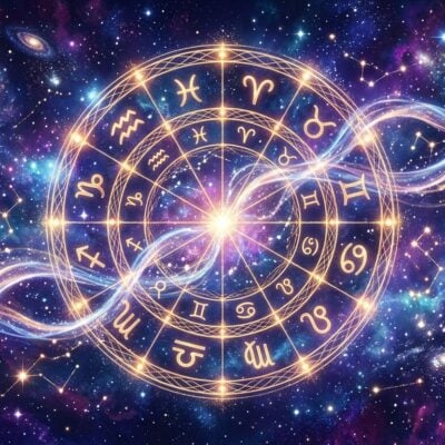 Rueda zodiacal dorada con símbolos astrológicos sobre un fondo cósmico de galaxias y nebulosas de colores