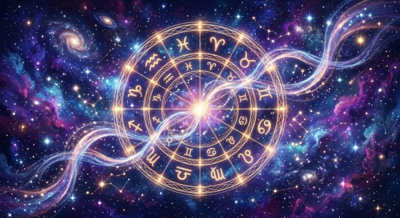 Rueda zodiacal dorada con símbolos astrológicos sobre un fondo cósmico de galaxias y nebulosas de colores