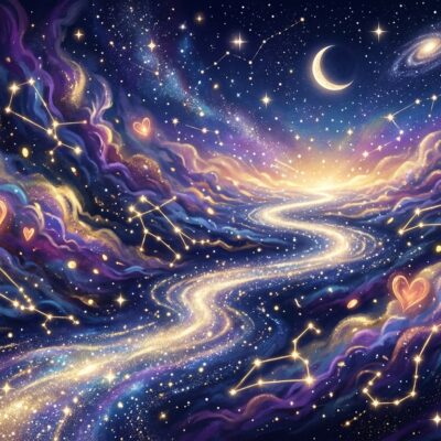 Sendero brillante de estrellas en un cosmos con nebulosas de colores, constelaciones, corazones y una luna creciente