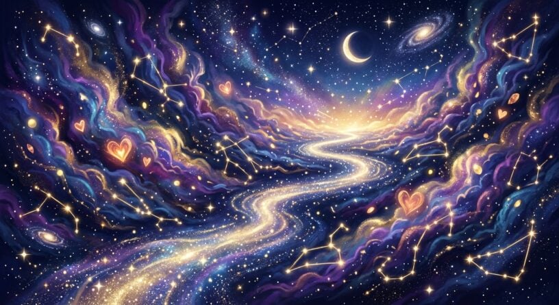 Sendero brillante de estrellas en un cosmos con nebulosas de colores, constelaciones, corazones y una luna creciente