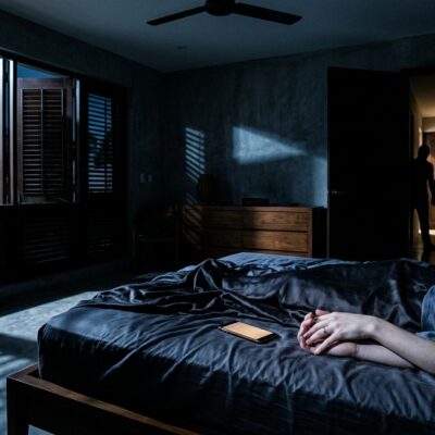Tres siluetas acechan en la puerta de una habitación oscura mientras una persona duerme con su celular encendido