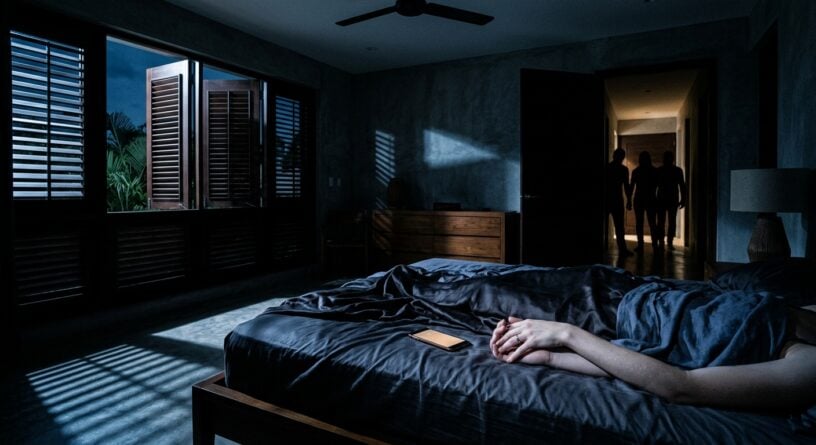 Tres siluetas acechan en la puerta de una habitación oscura mientras una persona duerme con su celular encendido