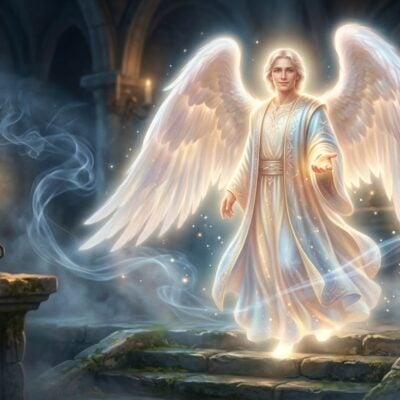 Ángel resplandeciente con grandes alas blancas y túnica celeste, extendiendo su mano en un templo de piedra