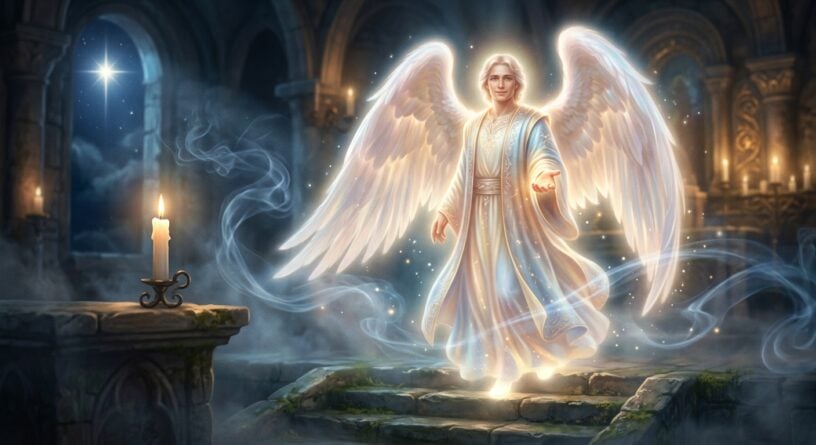 Ángel resplandeciente con grandes alas blancas y túnica celeste, extendiendo su mano en un templo de piedra