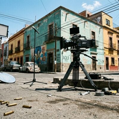 Cámara de cine en un trípode sobre una calle colorida, con equipos de producción y casquillos de bala en el suelo