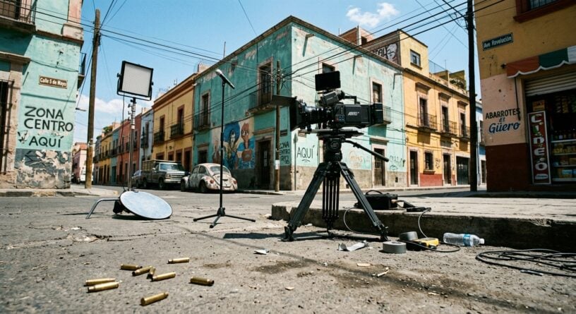 Cámara de cine en un trípode sobre una calle colorida, con equipos de producción y casquillos de bala en el suelo