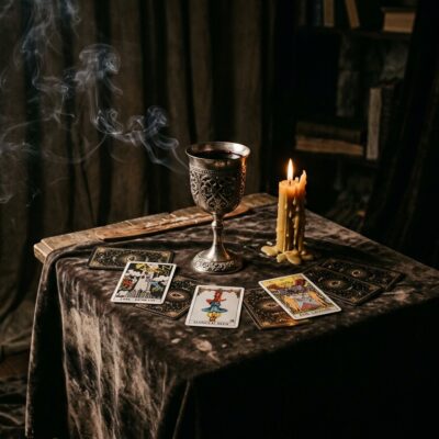 Cartas de tarot, un cáliz plateado, una vela encendida y humo sobre una mesa en un ambiente místico y oscuro