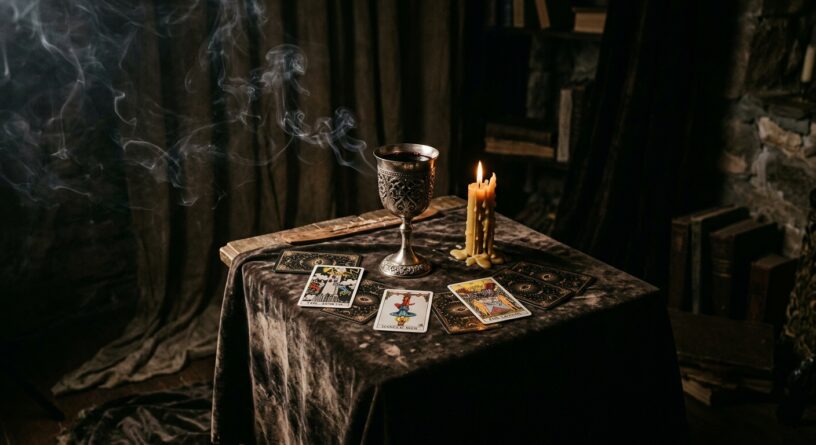 Cartas de tarot, un cáliz plateado, una vela encendida y humo sobre una mesa en un ambiente místico y oscuro