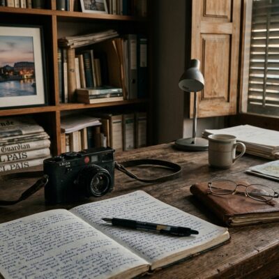 Escritorio de madera con una libreta abierta, un bolígrafo, una cámara vintage, anteojos y una biblioteca al fondo