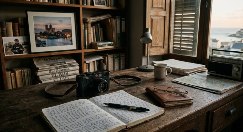 Escritorio de madera con una libreta abierta, un bolígrafo, una cámara vintage, anteojos y una biblioteca al fondo