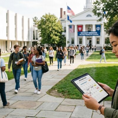 Estudiante revisa un calendario en su tableta con un campus universitario concurrido de fondo