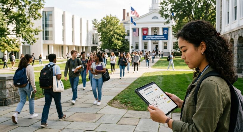 Estudiante revisa un calendario en su tableta con un campus universitario concurrido de fondo
