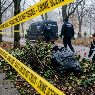 Investigadores forenses examinan una escena del crimen acordonada con cinta policial amarilla en un parque neblinoso
