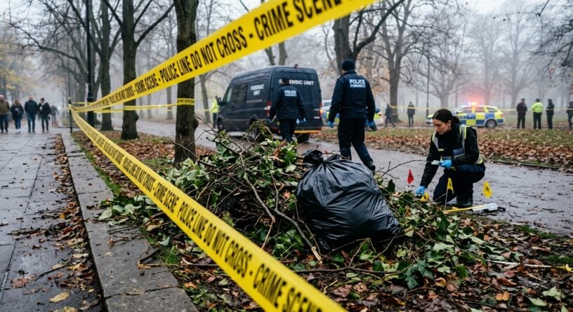 Investigadores forenses examinan una escena del crimen acordonada con cinta policial amarilla en un parque neblinoso