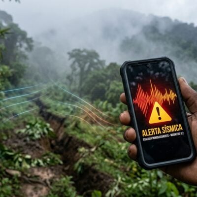 Mano sosteniendo un celular con una alerta sísmica en pantalla, frente a una grieta en el suelo de un bosque neblinoso