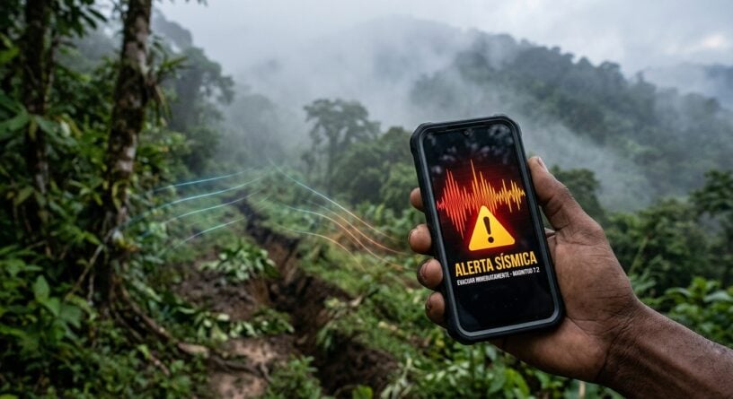 Mano sosteniendo un celular con una alerta sísmica en pantalla, frente a una grieta en el suelo de un bosque neblinoso