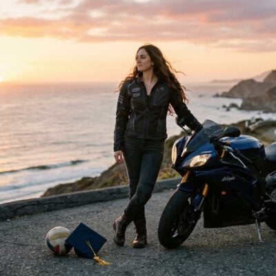 Mujer junto a su moto azul en una carretera costera al atardecer, con un birrete de graduación y un balón de voleibol