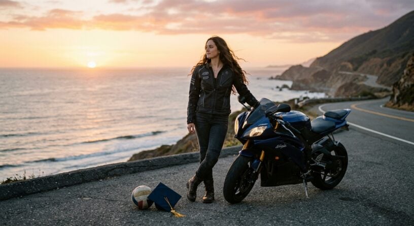 Mujer junto a su moto azul en una carretera costera al atardecer, con un birrete de graduación y un balón de voleibol