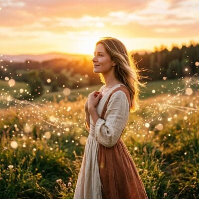 Mujer sonriente en un campo al atardecer con destellos mágicos que forman alas de luz a su espalda