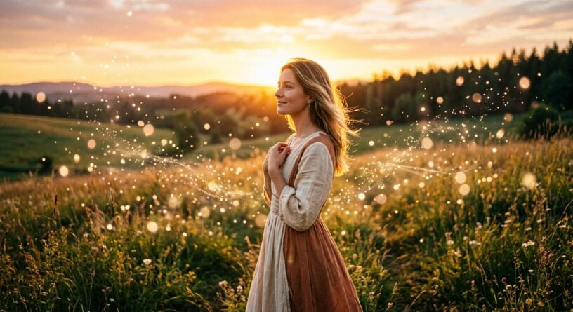 Mujer sonriente en un campo al atardecer con destellos mágicos que forman alas de luz a su espalda