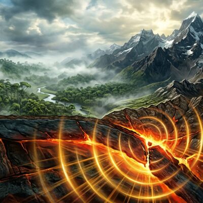 Ondas sísmicas propagándose desde una falla geológica subterránea bajo un paisaje de montañas y selva