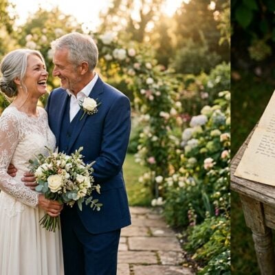 Pareja de adultos mayores sonriendo en su boda en un jardín, y una carta antigua junto a un celular sobre una mesa