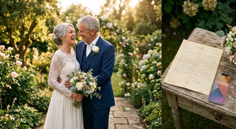 Pareja de adultos mayores sonriendo en su boda en un jardín, y una carta antigua junto a un celular sobre una mesa