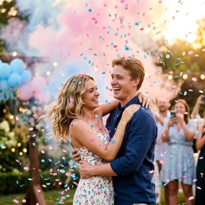 Pareja sonriente abrazándose en una fiesta de revelación de género con confeti y humo rosa y azul a su alrededor