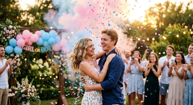 Pareja sonriente abrazándose en una fiesta de revelación de género con confeti y humo rosa y azul a su alrededor