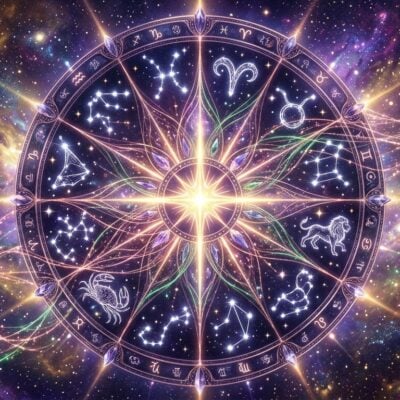 Rueda del zodiaco con constelaciones y símbolos astrológicos sobre un fondo cósmico de nebulosas y estrellas