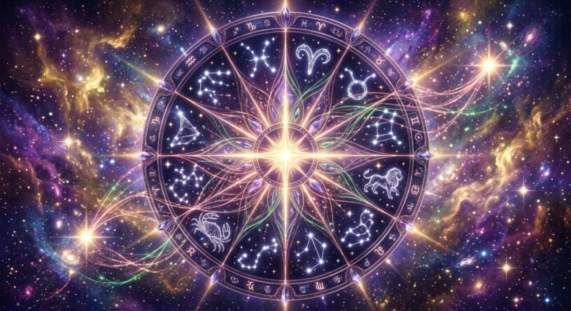 Rueda del zodiaco con constelaciones y símbolos astrológicos sobre un fondo cósmico de nebulosas y estrellas