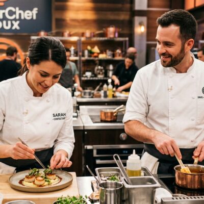 Sarah emplata con pinzas mientras David revuelve una olla y la mira sonriendo en la cocina de MasterChef Redux