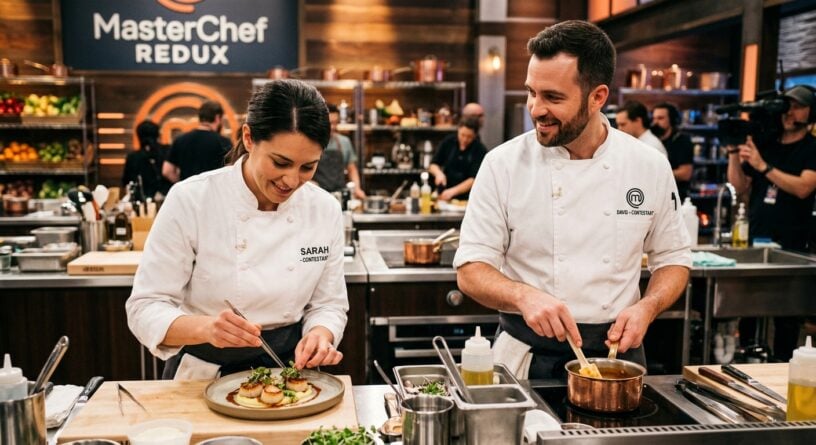 Sarah emplata con pinzas mientras David revuelve una olla y la mira sonriendo en la cocina de MasterChef Redux