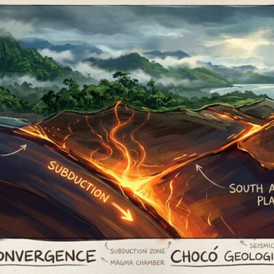 Sección transversal geológica del Chocó que muestra la subducción de la placa de Nazca bajo la placa Sudamericana y la placa del Caribe
