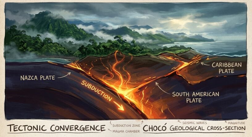 Sección transversal geológica del Chocó que muestra la subducción de la placa de Nazca bajo la placa Sudamericana y la placa del Caribe