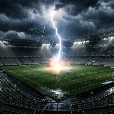 Un rayo impacta el centro de la cancha de un estadio de fútbol vacío durante una fuerte tormenta lluviosa