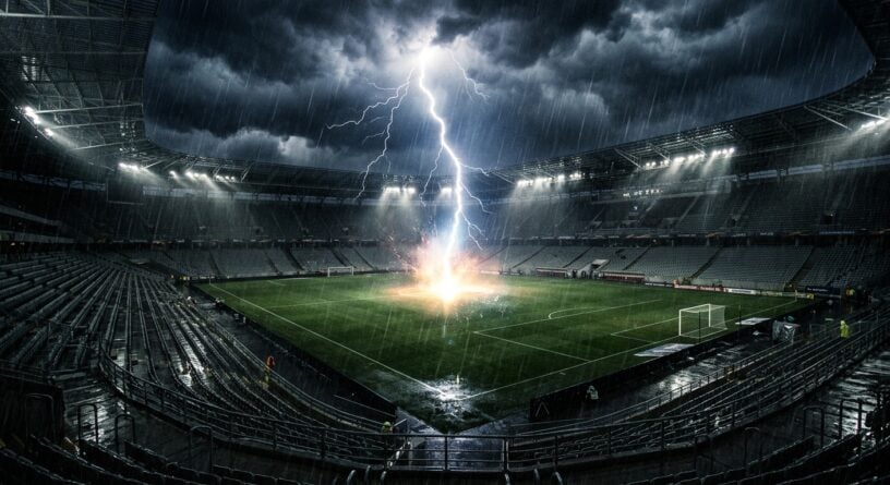 Un rayo impacta el centro de la cancha de un estadio de fútbol vacío durante una fuerte tormenta lluviosa