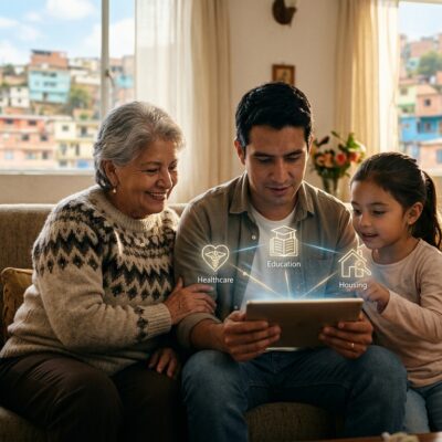 Una familia mira una tableta con iconos brillantes que representan salud, educación y vivienda