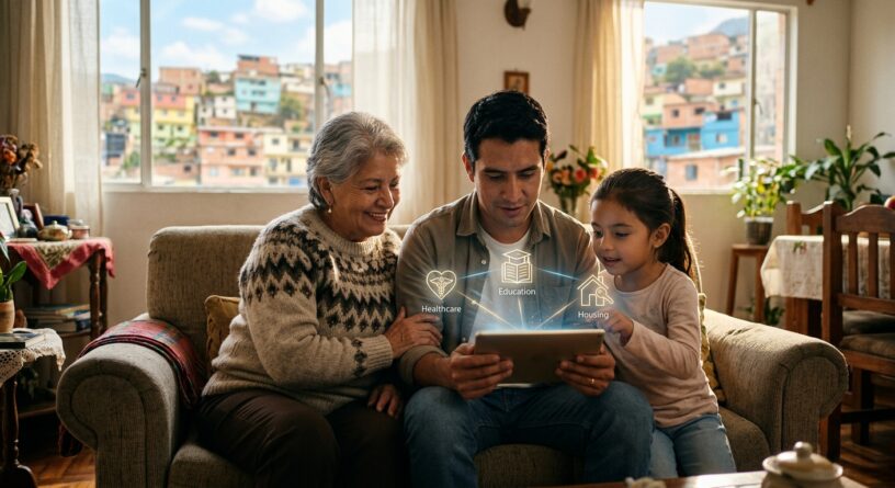 Una familia mira una tableta con iconos brillantes que representan salud, educación y vivienda