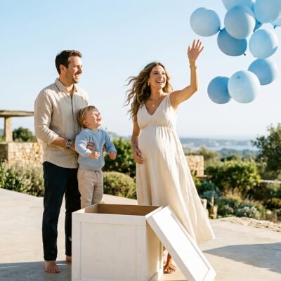 Una pareja y su hijo celebran una revelación de género al ver salir globos azules de una caja de madera