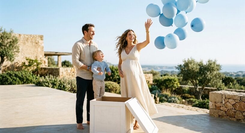 Una pareja y su hijo celebran una revelación de género al ver salir globos azules de una caja de madera