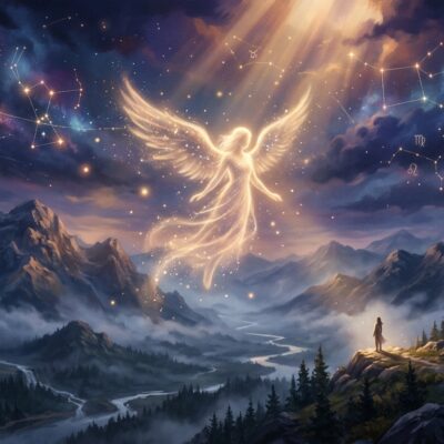 Ángel de luz celestial flotando entre constelaciones en el cielo nocturno sobre un paisaje montañoso
