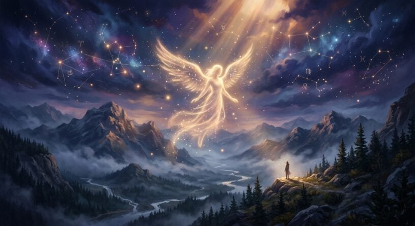 Ángel de luz celestial flotando entre constelaciones en el cielo nocturno sobre un paisaje montañoso
