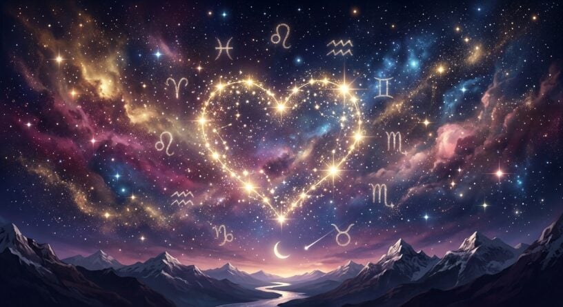 Corazón brillante de estrellas rodeado de símbolos del zodiaco en un cielo cósmico sobre montañas nevadas