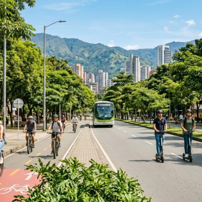 Personas en bicicleta, patineta eléctrica y caminando por una avenida arborizada con montañas de fondo