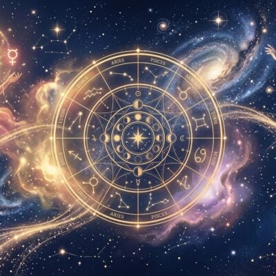 Rueda del zodiaco dorada en el espacio, rodeada de constelaciones y dos figuras místicas celestiales