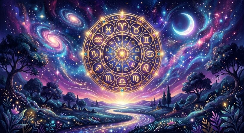 Rueda dorada del zodiaco en un cielo nocturno místico con galaxias, una luna creciente y un paisaje de fantasía