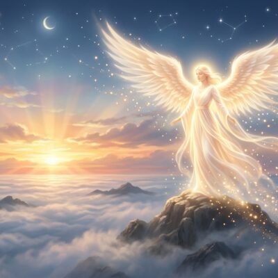 Ángel resplandeciente con alas extendidas sobre la cima de una montaña al amanecer bajo un cielo estrellado
